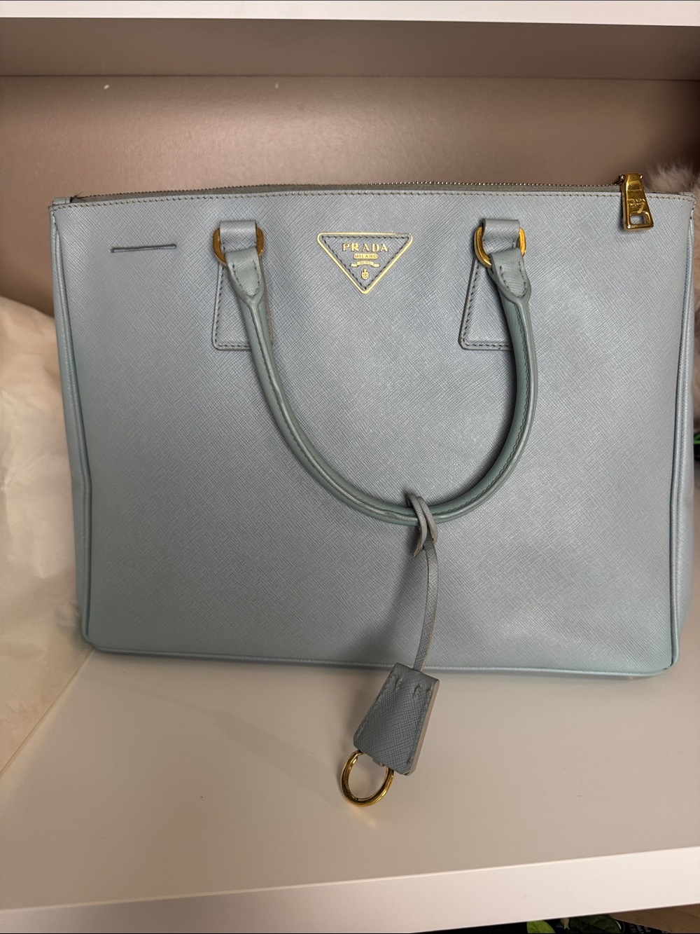 Prada Pale Blue Saffiano Leather Top-Handle Tote with Gold Hardware